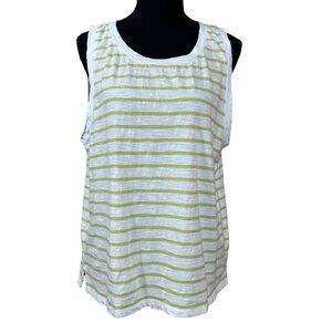 Sigrid Olsen Lime Green White Striped Cotton Tank Top Size XL